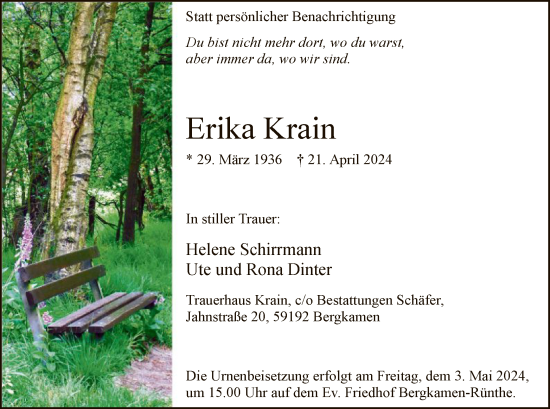 Todesanzeige von Erika Krain von WA