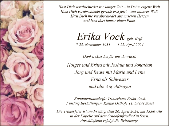 Todesanzeige von Erika Vock von WA