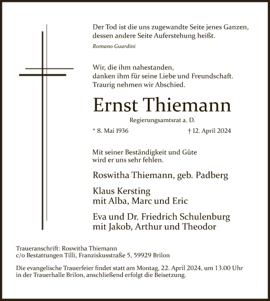 Todesanzeige von Ernst Thiemann von WA