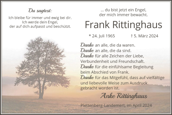 Todesanzeige von Frank Rittinghaus von WA