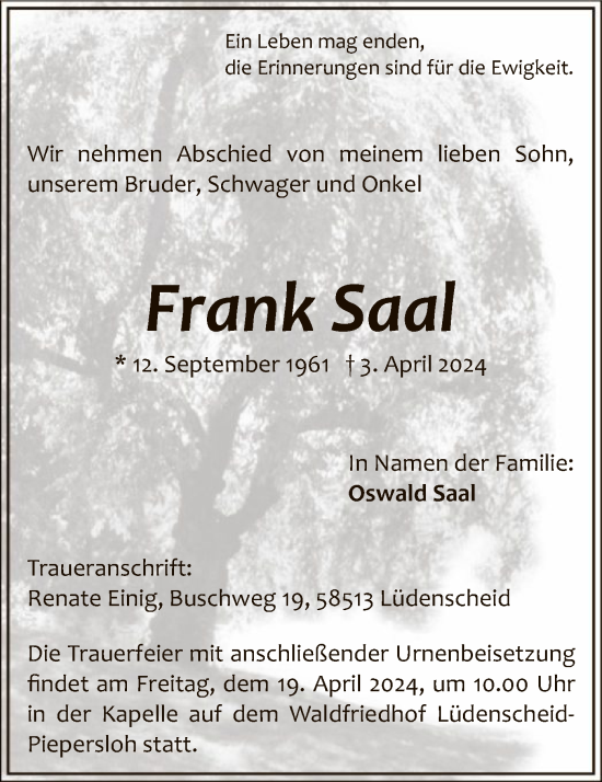 Todesanzeige von Frank Saal von WA