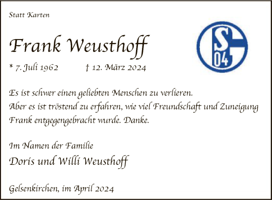 Todesanzeige von Frank Weusthoff von WA