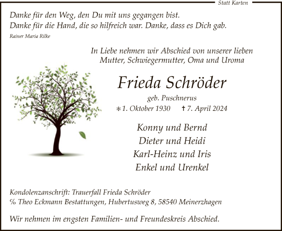 Todesanzeige von Frieda Schröder von WA