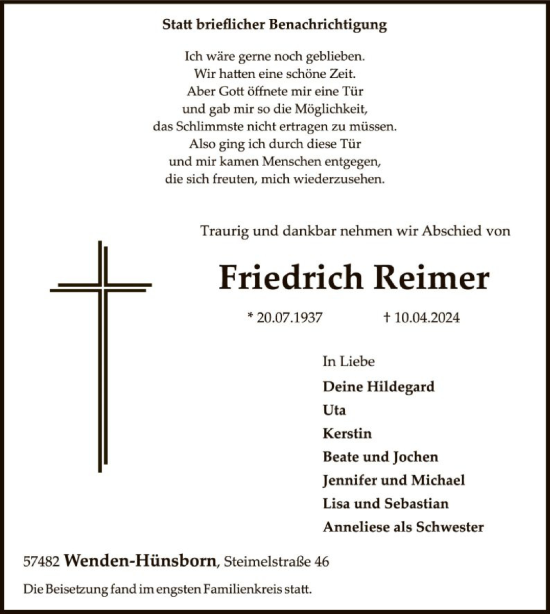 Todesanzeige von Friedrich Reimer von WA
