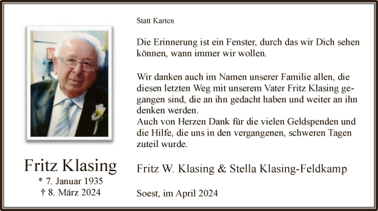 Todesanzeige von Fritz Klasing von WA