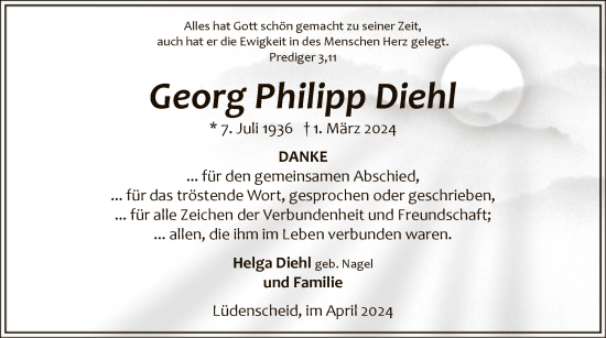 Todesanzeige von Georg Philipp Diehl von WA