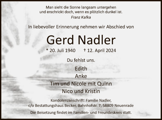 Todesanzeige von Gerd Nadler von WA