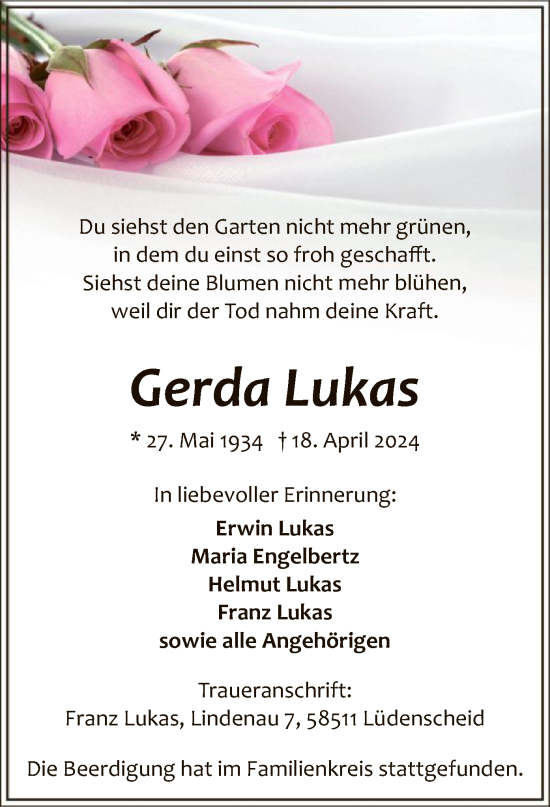 Todesanzeige von Gerda Lukas von WA
