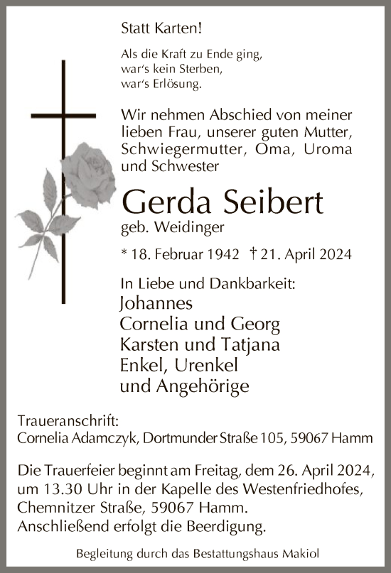 Todesanzeige von Gerda Seibert von WA