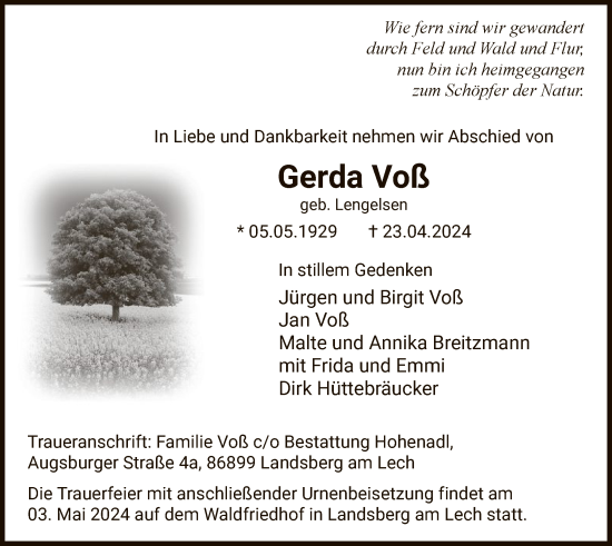 Todesanzeige von Gerda Voß von WA