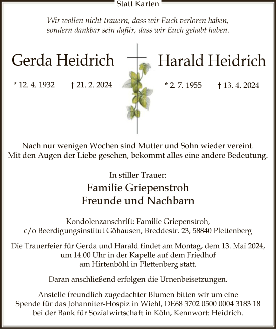 Todesanzeige von Gerda und Harald Heidrich von WA