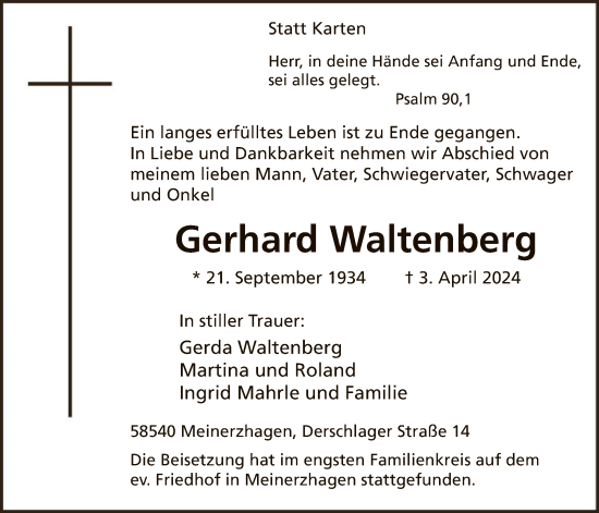 Todesanzeige von Gerhard Waltenberg von WA