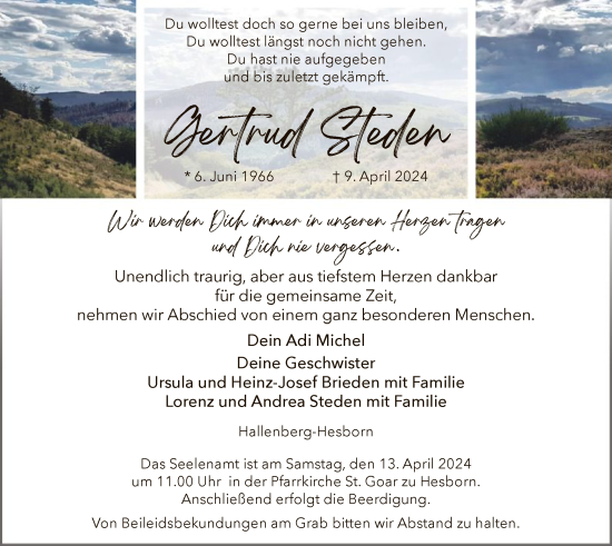 Todesanzeige von Gertrud Steden von WA