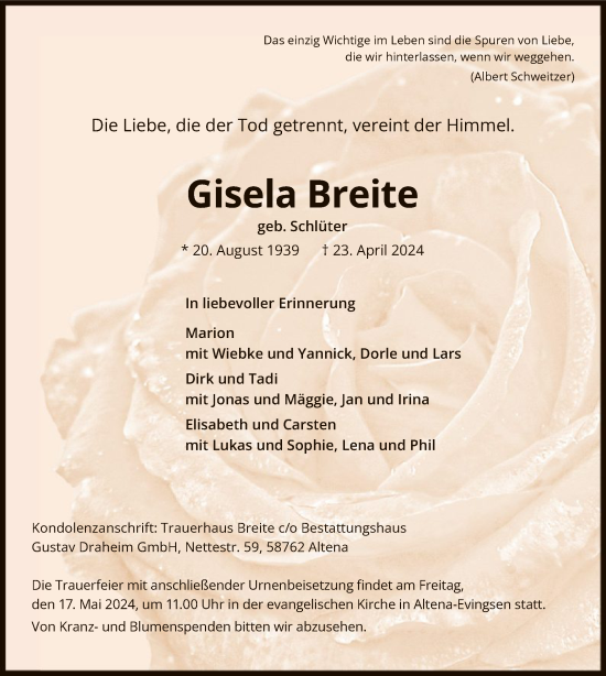 Todesanzeige von Gisela Breite von WA