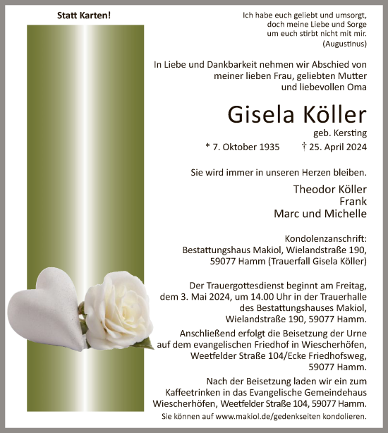 Todesanzeige von Gisela Köller von WA