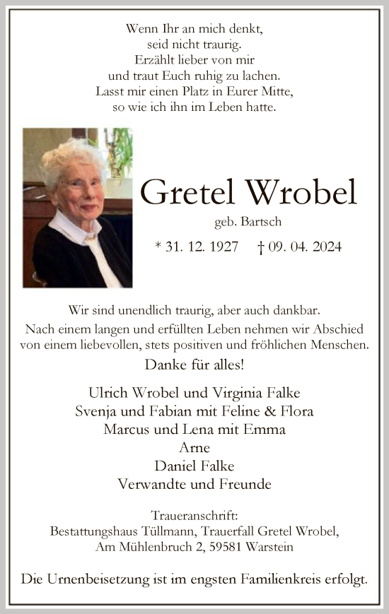 Todesanzeige von Gretel Wrobel von WA