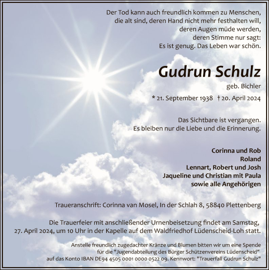 Todesanzeige von Gudrun Schulz von WA