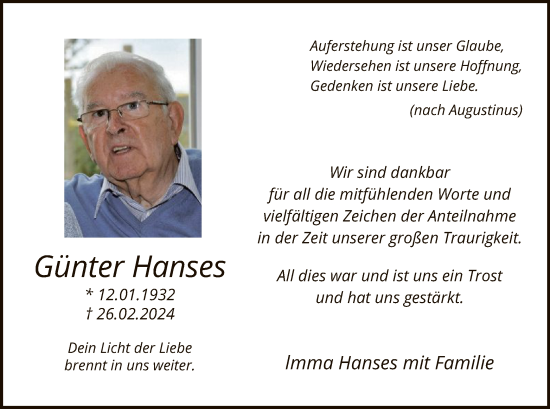 Todesanzeige von Günter Hanses von WA