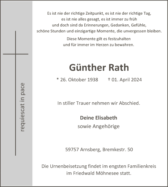 Todesanzeige von Günther Rath von WA
