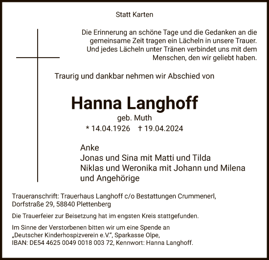 Todesanzeige von Hanna Langhoff von WA