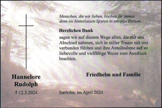 Todesanzeige von Hannelore Rudolph von WA