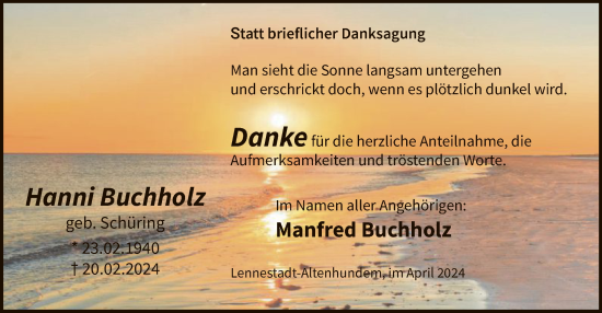 Todesanzeige von Hanni Buchholz von WA