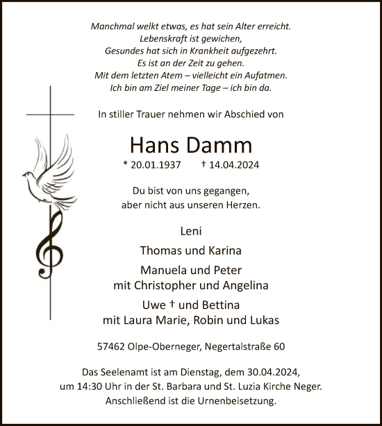 Todesanzeige von Hans Damm von WA