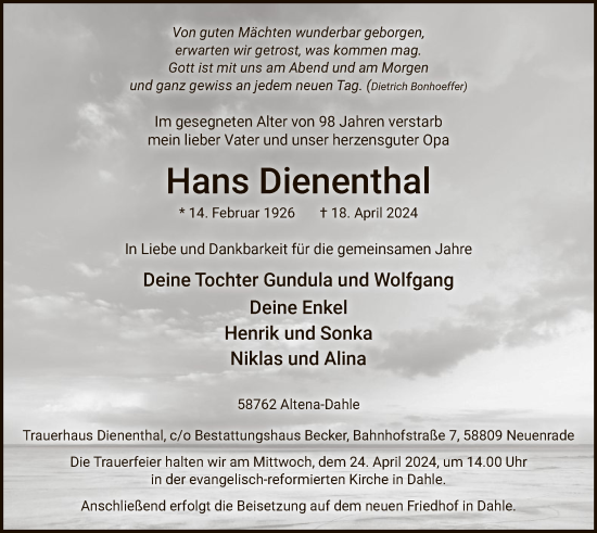Todesanzeige von Hans Dienenthal von WA