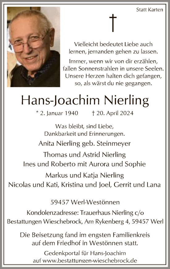 Todesanzeige von Hans-Joachim Nierling von WA