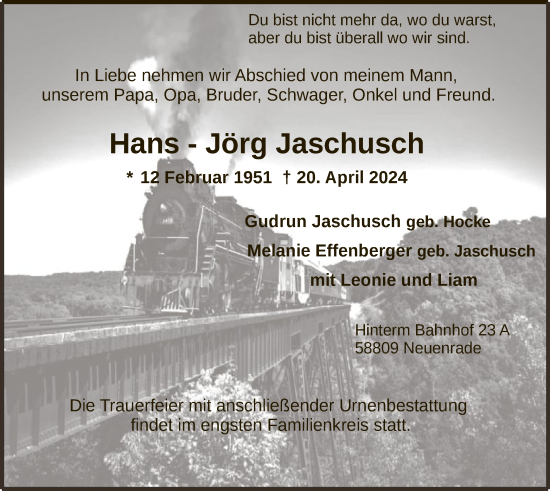Todesanzeige von Hans-Jörg Jaschusch von WA