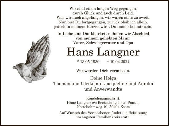 Todesanzeige von Hans Langner von WA