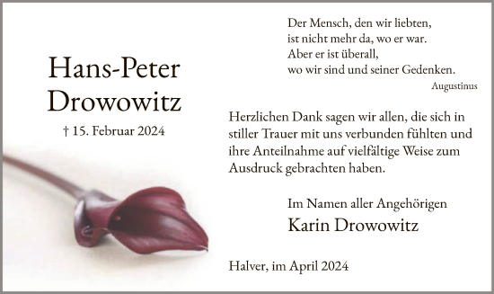 Todesanzeige von Hans-Peter Drowowitz von WA