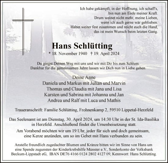 Todesanzeige von Hans Schlütting von WA