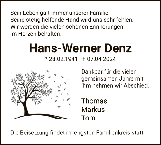 Todesanzeige von Hans-Werner Denz von WA