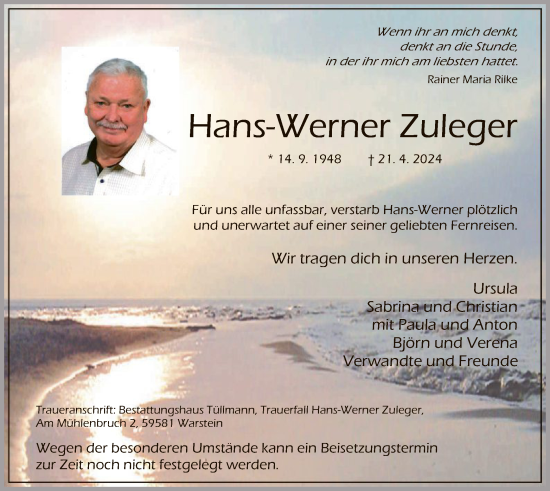 Todesanzeige von Hans-Werner Zuleger von WA