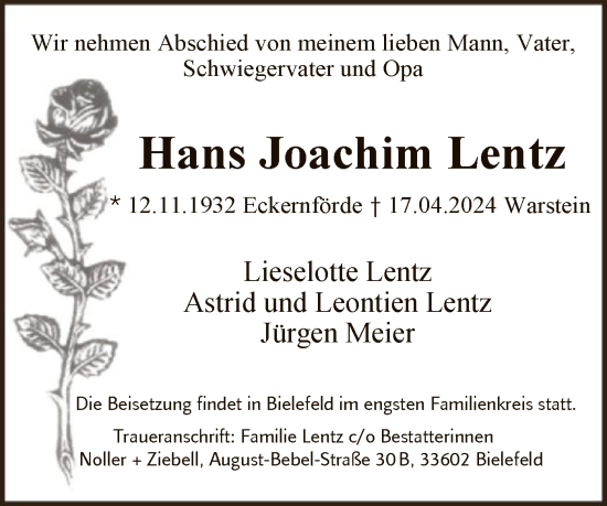 Todesanzeige von Hans Joachim Lentz von WA