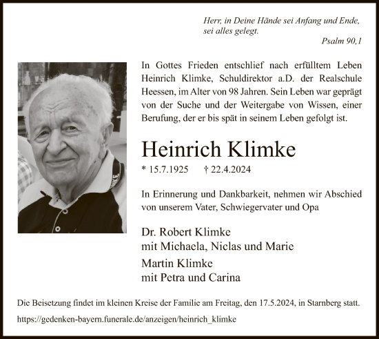 Todesanzeige von Heinrich Klimke von WA