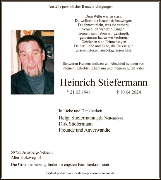 Todesanzeige von Heinrich Stiefermann von WA