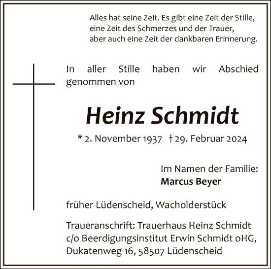 Todesanzeige von Heinz Schmidt von WA