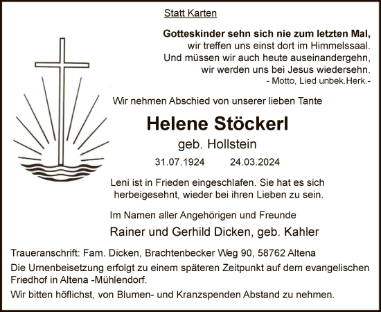 Todesanzeige von Helene Stöckerl von WA