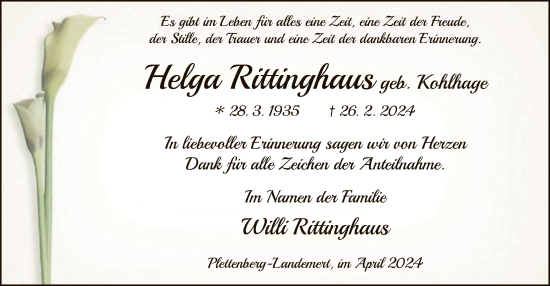 Todesanzeige von Helga Rittinghaus von WA