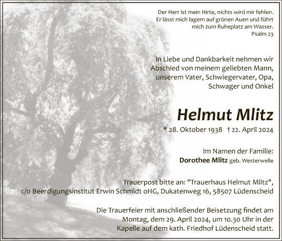 Todesanzeige von Helmut Mlitz von WA