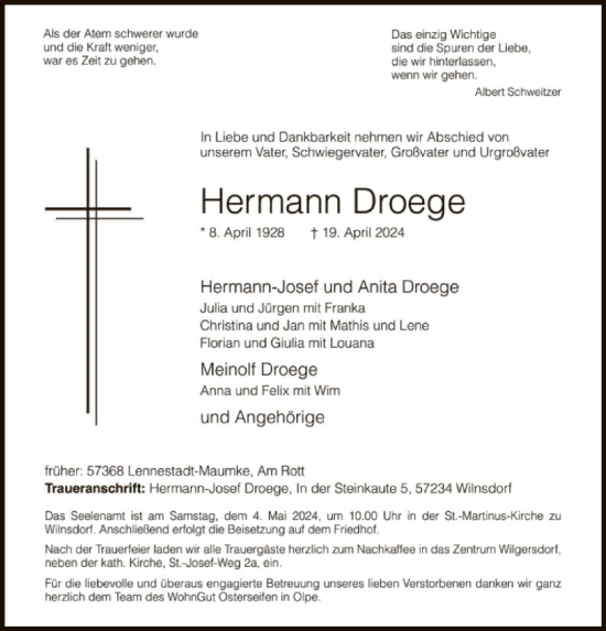 Todesanzeige von Hermann Droege von WA
