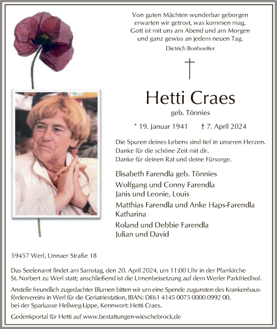 Todesanzeige von Hetti Craes von WA