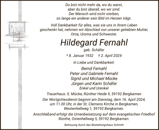 Todesanzeige von Hildegard Fernahl von WA