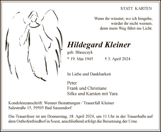 Todesanzeige von Hildegard Kleiner von WA