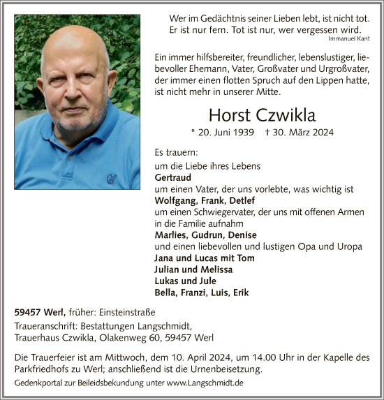 Todesanzeige von Horst Czwikla von WA