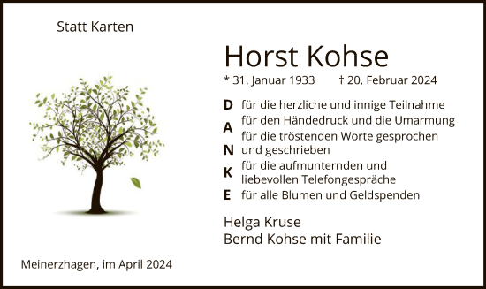 Todesanzeige von Horst Kohse von WA