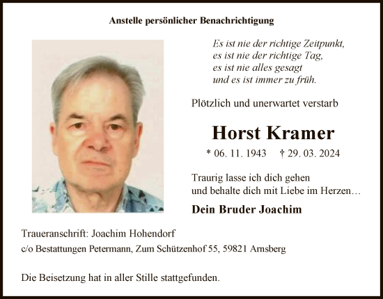 Todesanzeige von Horst Kramer von WA