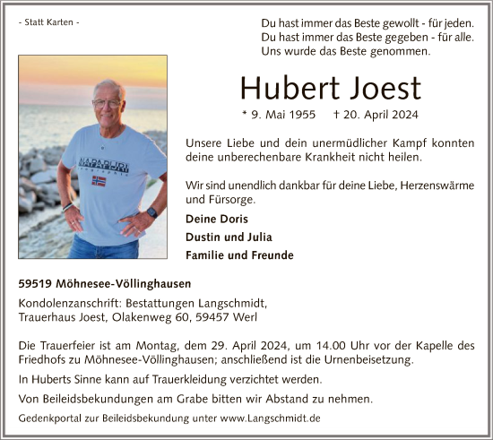 Todesanzeige von Hubert Joest von WA